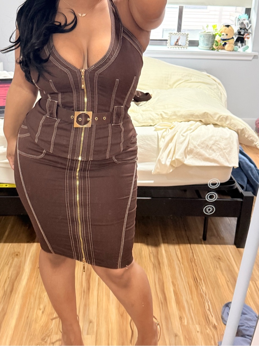 Vintage Bebe Brown Zipper-Front Belted set